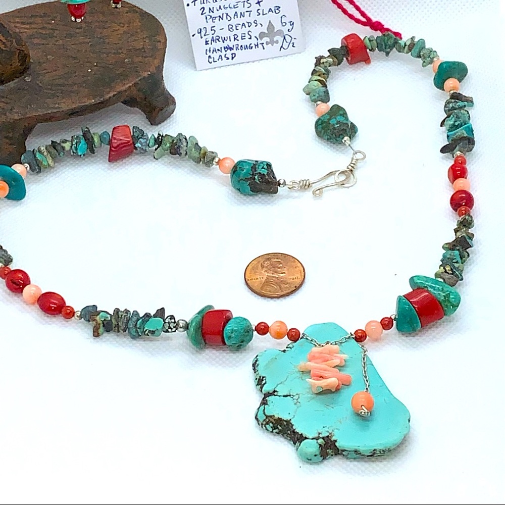 Handcrafted “Dreamcatcher” Turquoise, Coral & Sterling Necklace & Earring Set